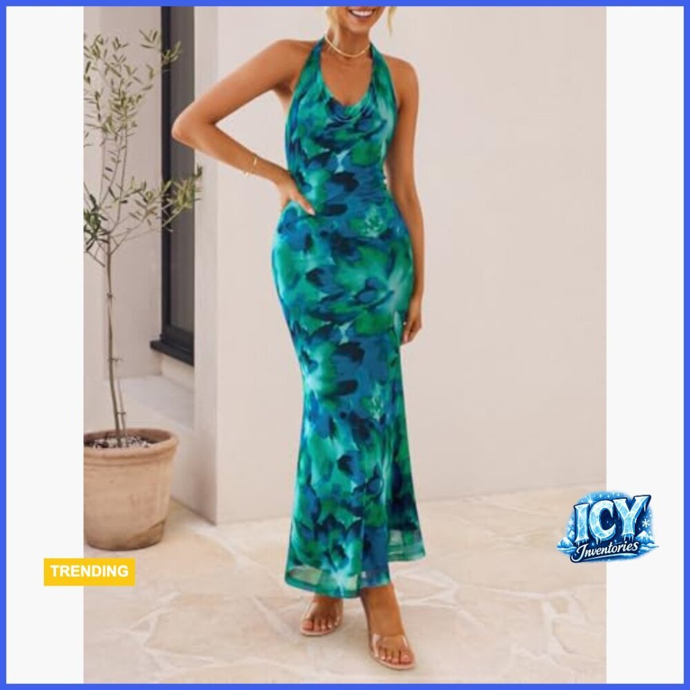 Halter Neck Floral Print Maxi Dress Sleeveless Backless Bodycon Long - Picture 2 of 7